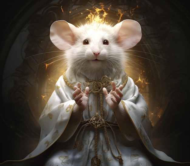 白いローブを着て金の鎖の生成AIを持った白いネズミがいます