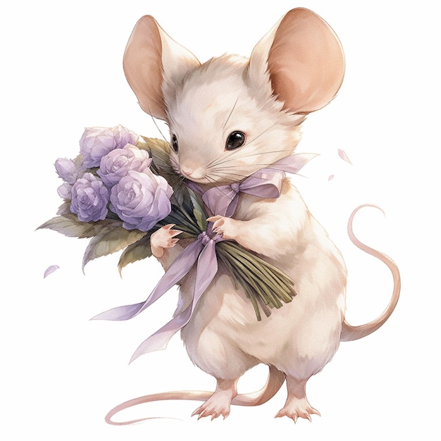 There is a white mouse holding a bunch of purple flowers generative ai