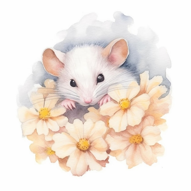 Photo there is a white mouse that is sitting in a flower generative ai