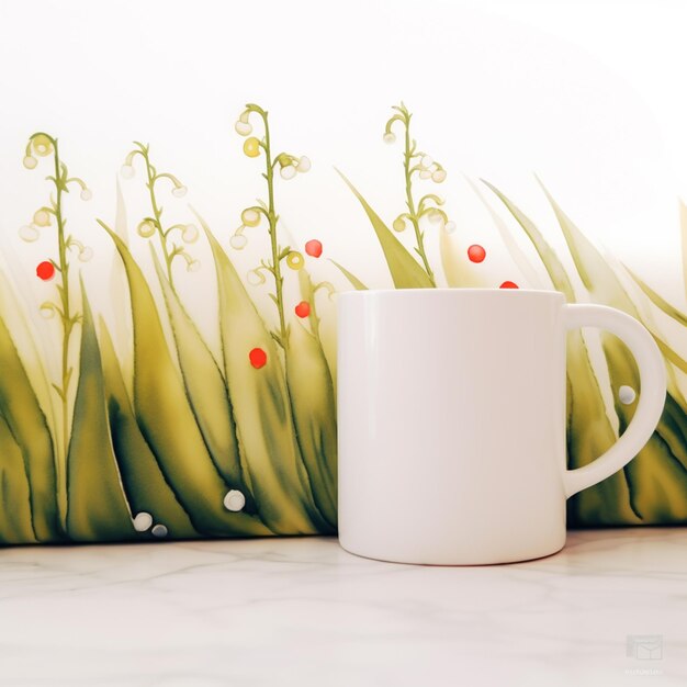 there is a white mug sitting on a counter next to a wall generative ai