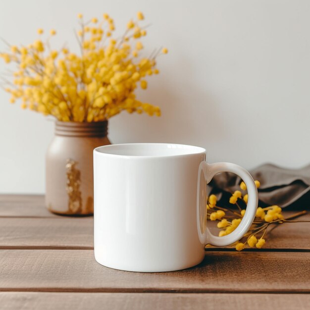 Photo there is a white mug sitting on a table with a vase of yellow flowers generative ai