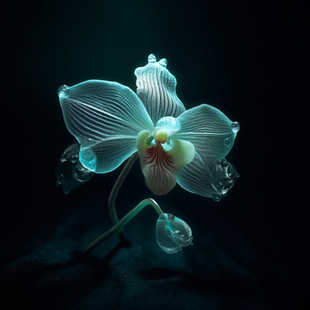 there is a white orchid with a pink center on a black background generative ai