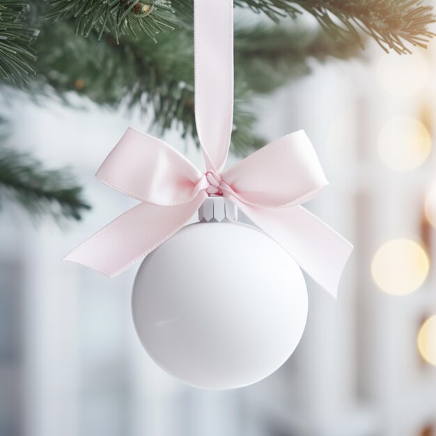 there is a white ornament hanging from a christmas tree generative ai