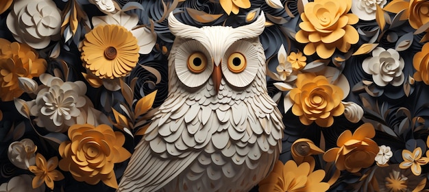 There is a white owl statue sitting among many yellow flowers generative ai