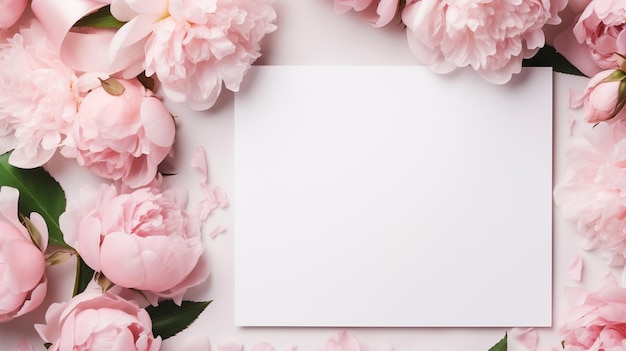 There is a white paper surrounded by pink flowers on a white surface generative ai