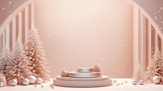 There is a white pedestal with a cake on it in front of a christmas tree generative ai