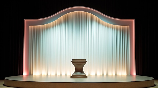 Photo there is a white pedestal with a vase on it in front of a curtain generative ai