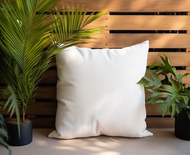 there is a white pillow on a bench next to some plants generative ai