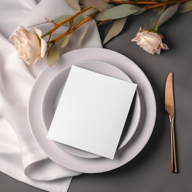 there is a white plate with a white napkin and a rose generative ai