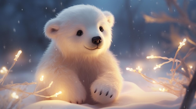 Photo there is a white polar bear sitting in the snow with lights generative ai