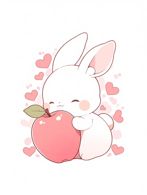 Photo there is a white rabbit holding an apple with hearts around it generative ai