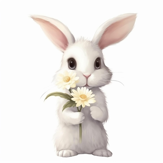 There is a white rabbit holding a flower in its paws generative ai