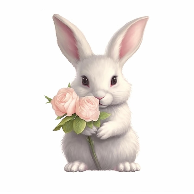 There is a white rabbit holding a pink rose in its paws generative ai