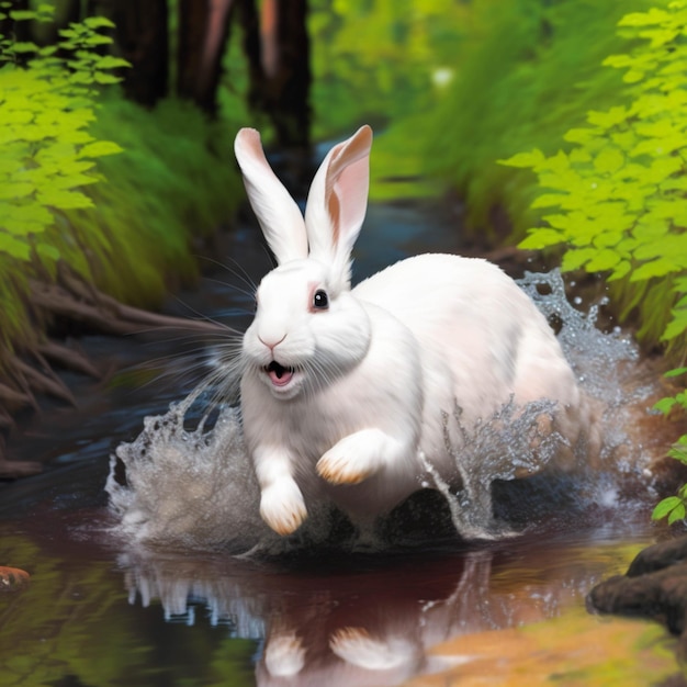 There is a white rabbit running through a stream of water generative ai