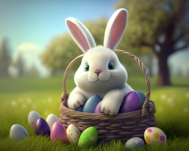 Photo there is a white rabbit sitting in a basket with eggs generative ai