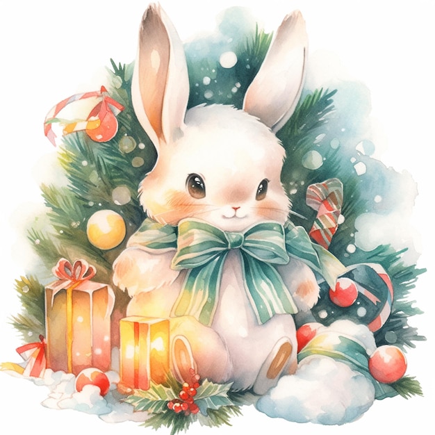 there is a white rabbit sitting next to a christmas tree generative ai