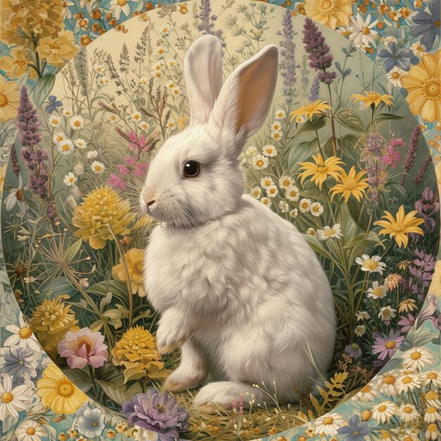 Photo there is a white rabbit sitting in a floraled circle generative ai