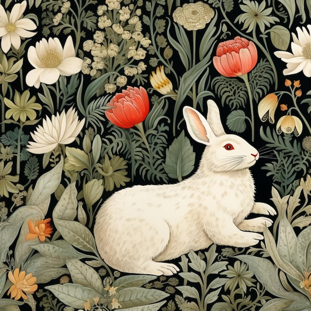 꽃 생성 인공 지능의 정원에 앉아있는 흰 토끼가 있습니다.