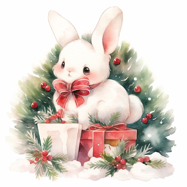 there is a white rabbit sitting on a pile of presents generative ai