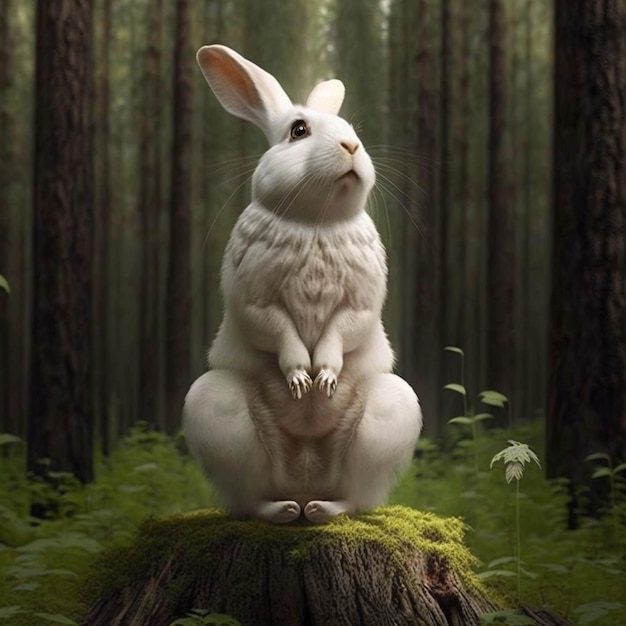 숲 생성 인공 지능에 그루터기에 앉아있는 흰 토끼가 있습니다.