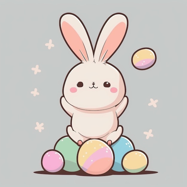 There is a white rabbit sitting on top of some colorful eggs generative ai