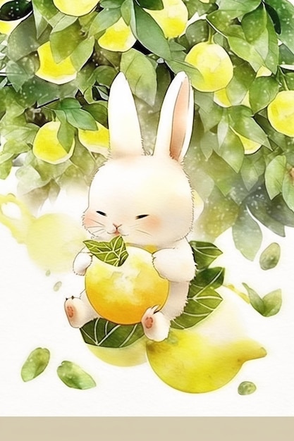 There is a white rabbit sitting on a tree with a lemon generative ai