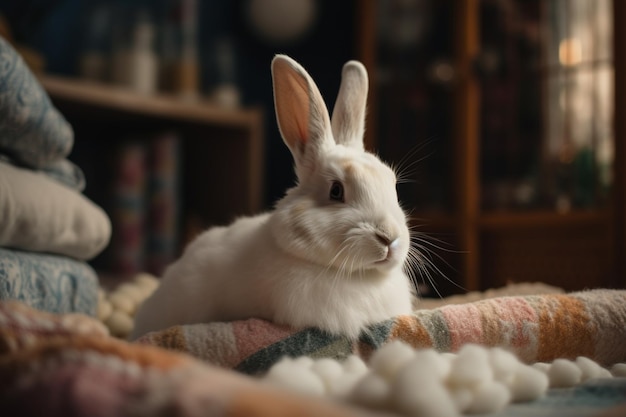 Есть белый кролик, который лежит на одеяле, генерирующем искусственный интеллект.