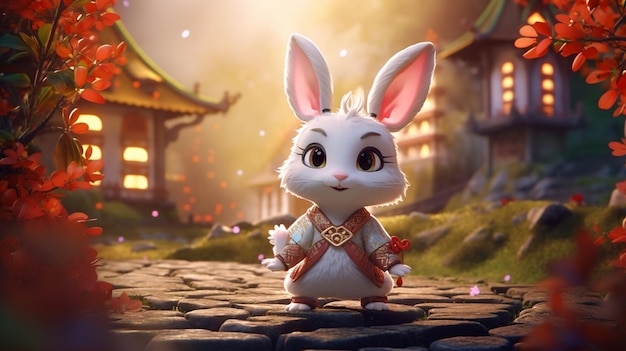 There is a white rabbit that is standing in the middle of a path generative ai