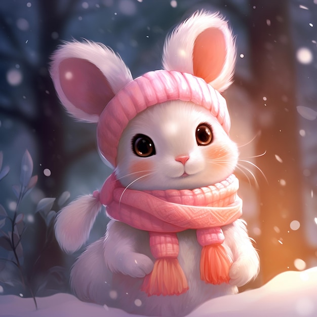 Есть белый кролик в розовой шапке и шарфе, генерирующий искусственный интеллект.