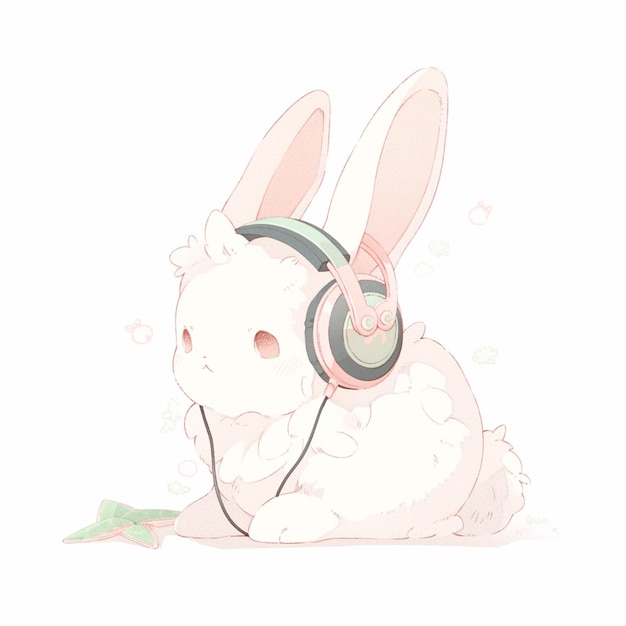 There is a white rabbit with headphones on laying down generative ai