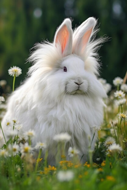 there is a white rabbit with long hair sitting in a field of flowers generative ai