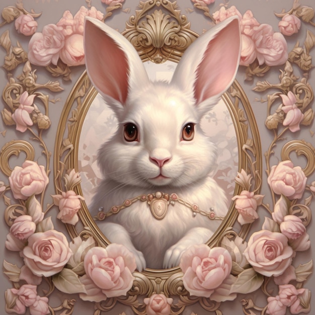 There is a white rabbit with pink flowers in a frame generative ai