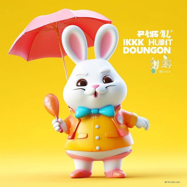 Есть белый кролик с красным зонтиком и желтой курткой.
