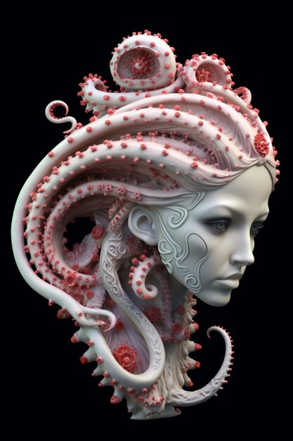 Foto c'è una scultura bianca e rossa di una donna con tentacoli di polpo generativo ai