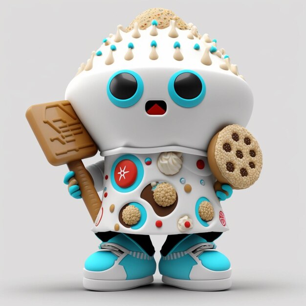 There is a white robot with blue eyes holding a cookie and a wooden stick generative ai