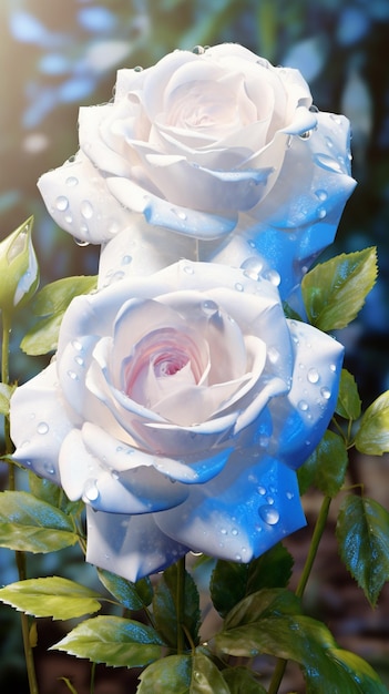There is a white rose with blue petals and water droplets generative ai