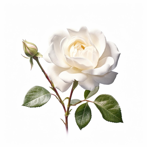 Foto there is a white rose with green leaves on a stem generative ai
