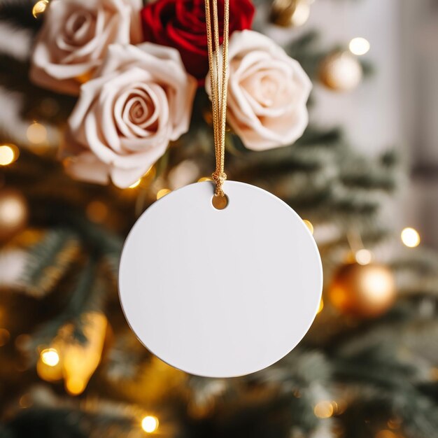 there is a white round ornament hanging from a christmas tree generative ai