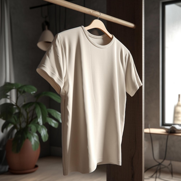 There is a white shirt hanging on a clothes rack in a room generative ai