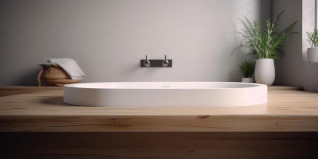Foto c'è un lavandino bianco seduto su un bancone di legno in un bagno generativo ai