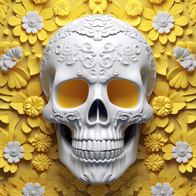 There is a white skull with yellow eyes surrounded by yellow flowers generative ai