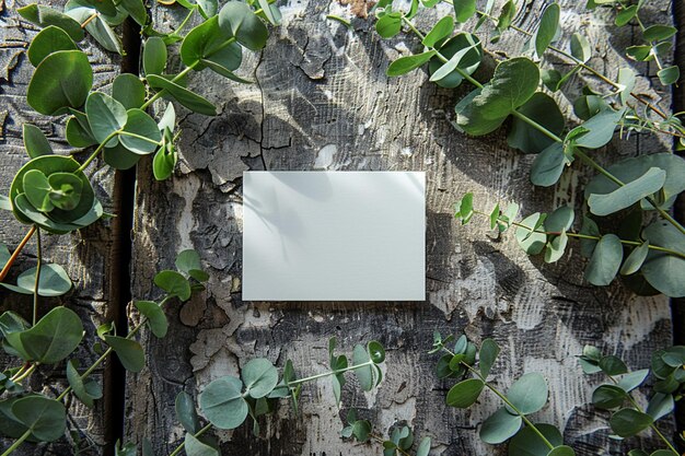 there is a white square on a piece of wood surrounded by green leaves generative ai