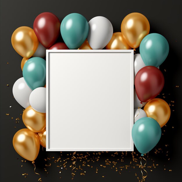 there is a white square with a white frame surrounded by balloons generative ai