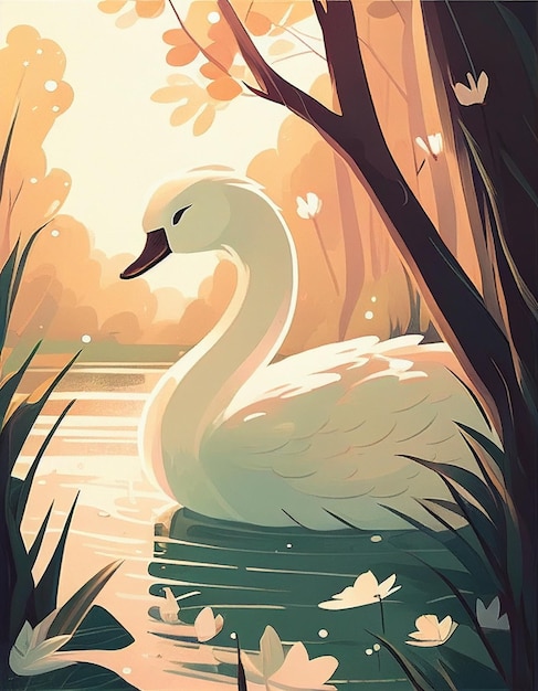 В озере, окруженном деревьями, плавает белый лебедь. Генеративный искусственный интеллект