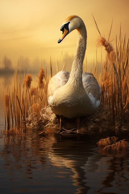 there is a white swan standing on a small island in the water generative ai