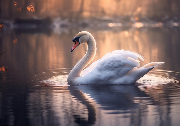 There is a white swan swimming in the water with its head above the water generative ai