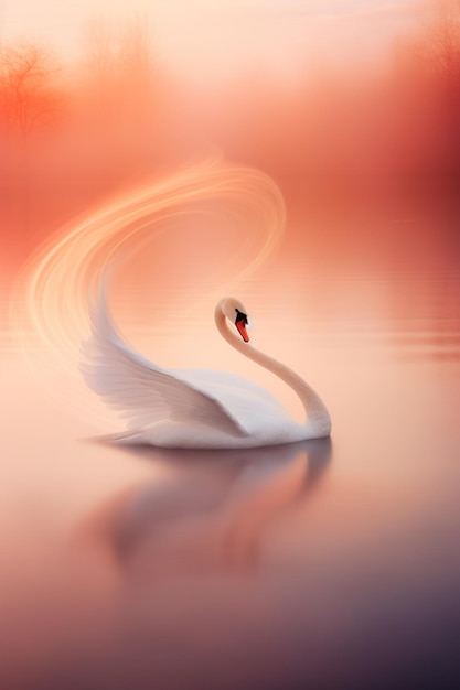 There is a white swan that is floating in the water generative ai