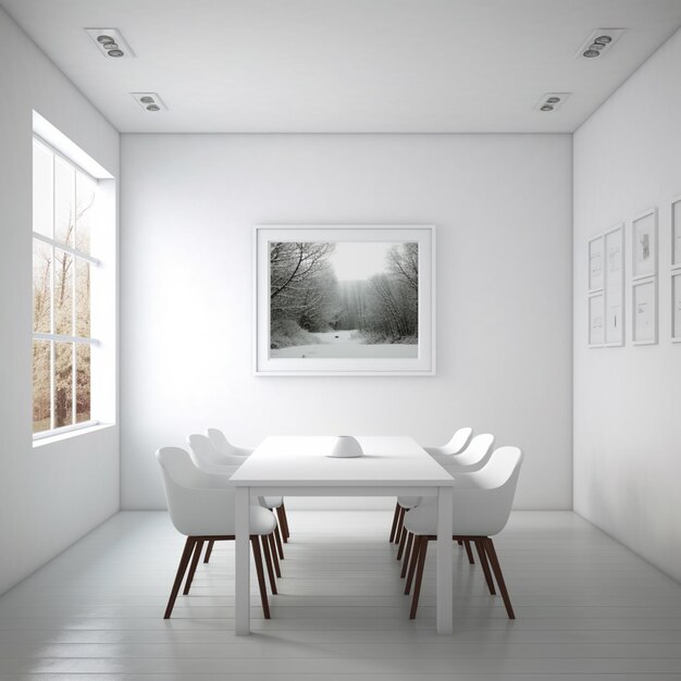 There is a white table and chairs in a room with a picture on the wall generative ai