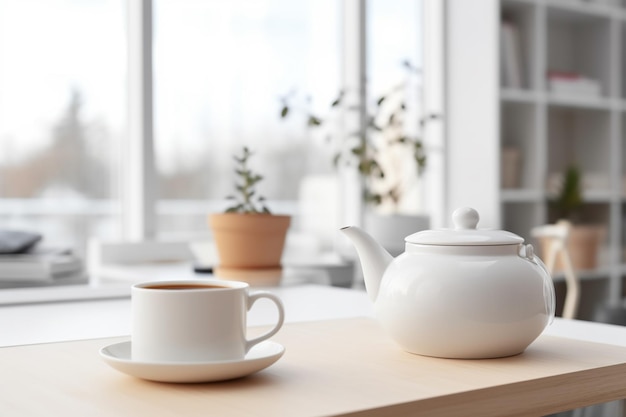 there is a white tea pot and a cup on a table generative ai