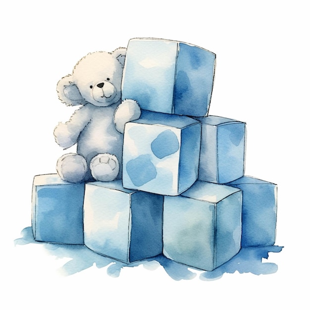 There is a white teddy bear sitting on top of a pile of blue blocks generative ai